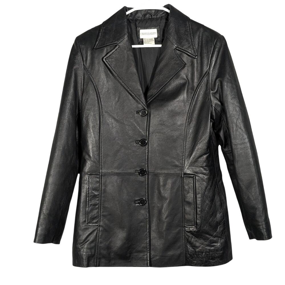 VTG Charles Klein Women's 100% Genuine Leather Button Padded Jacket Black Small